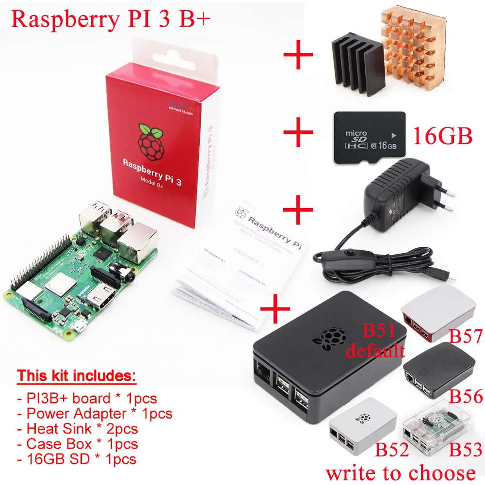 Raspberry Pi 3 Model B+ плюс плата+ теплоотвод+ адаптер питания источник питания переменного тока. 1Гб LPDDR2 четырехъядерный WiFi и Bluetooth - Комплект: Комплект 5