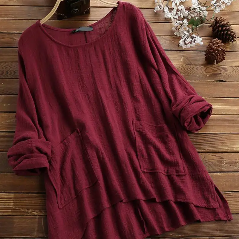 Mferlier Autumn New Womens Blouses O Neck Long Sleeve Pockets Irregular Hem Ladies 6XL 7XL 8XL Plus Large Size Red Casual Tops |