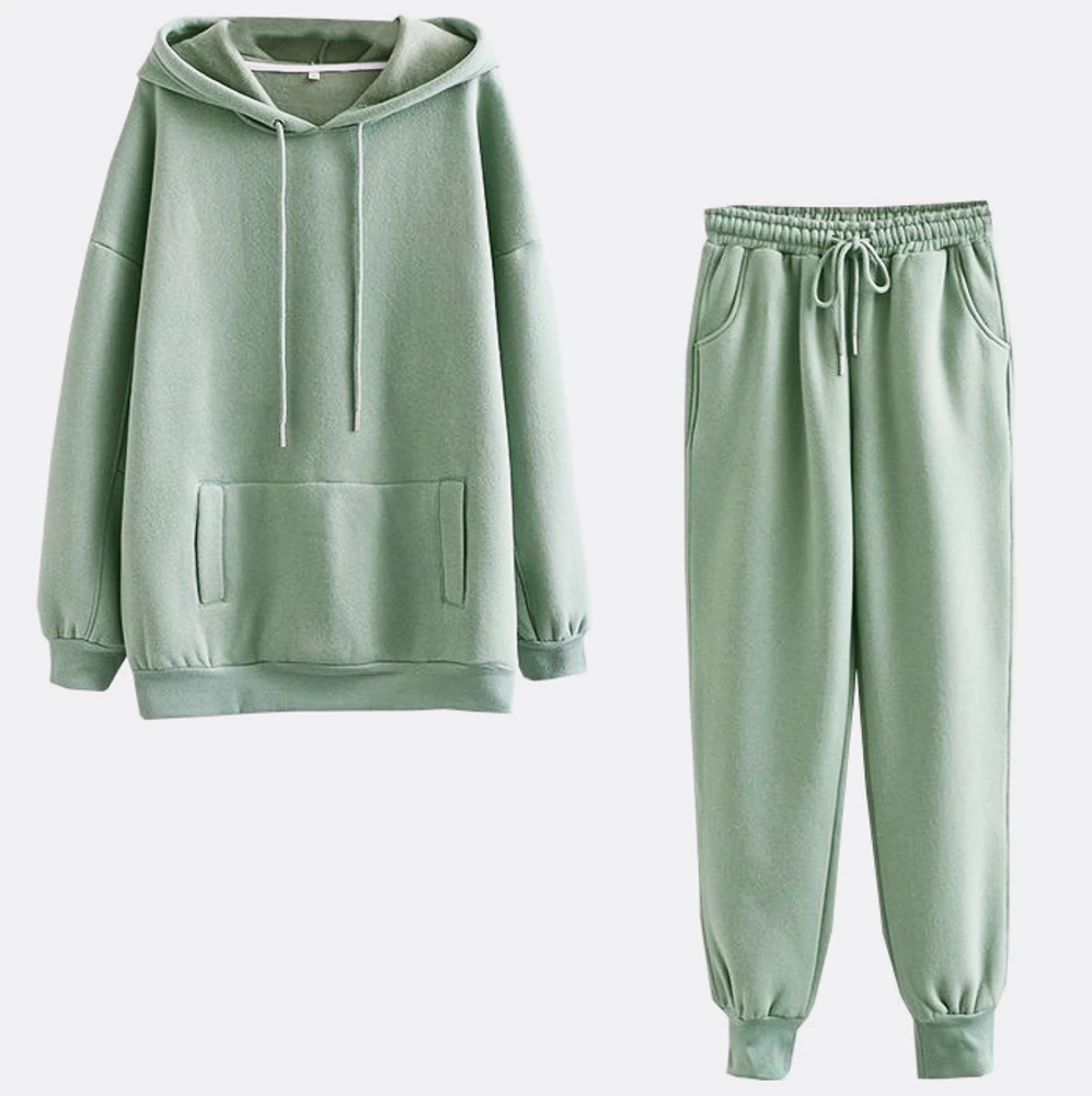 

Minimalist Solid Women Hoodie 2 Piece Set Autumn 2020 Hooded Pockets Elastic Waist Casual Sets Home Comfy Athleisure Fashion Set