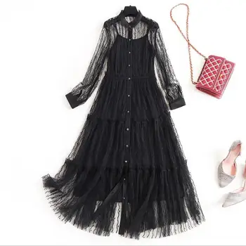 

Spring 2020 for European and American women's wear Long sleeve collar Net yarn Fashionable black dress