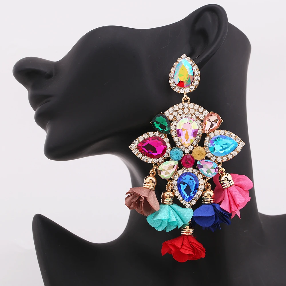 Boho Long Tassel Crystal Drop Earrings for Women