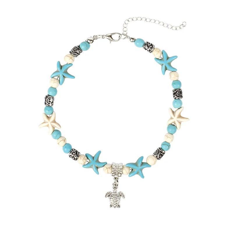 

Bohemian Foot Jewelry Natural Stone Starfish Turtle Beach Anklets Silver Adjustable Chain Ankle Bracelet for Women