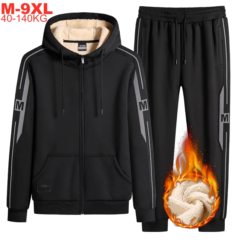 Men Tracksuit Mens Sweatpants-Sets Hooded-Jacket Sportwear Fleece Winter Warm 8xl 2pcs