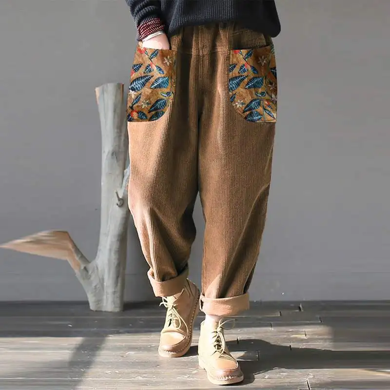 

Kaftan Corduroy Pants Women's Floral Patchwork Trousers Female Elastic Waist Long Pantalon Female Palazzo Oversized Turnip 5XL 7