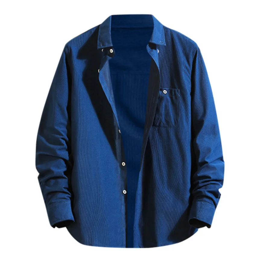 Dark Blue Мужские летние модные рубашки, повседневные, с длинным рукавом, одноцветные, свободные, Повседневная Блузка, воротник-стойка, мужские рубашки, мужские, черные, нарядные рубашки - Цвет: Dark Blue