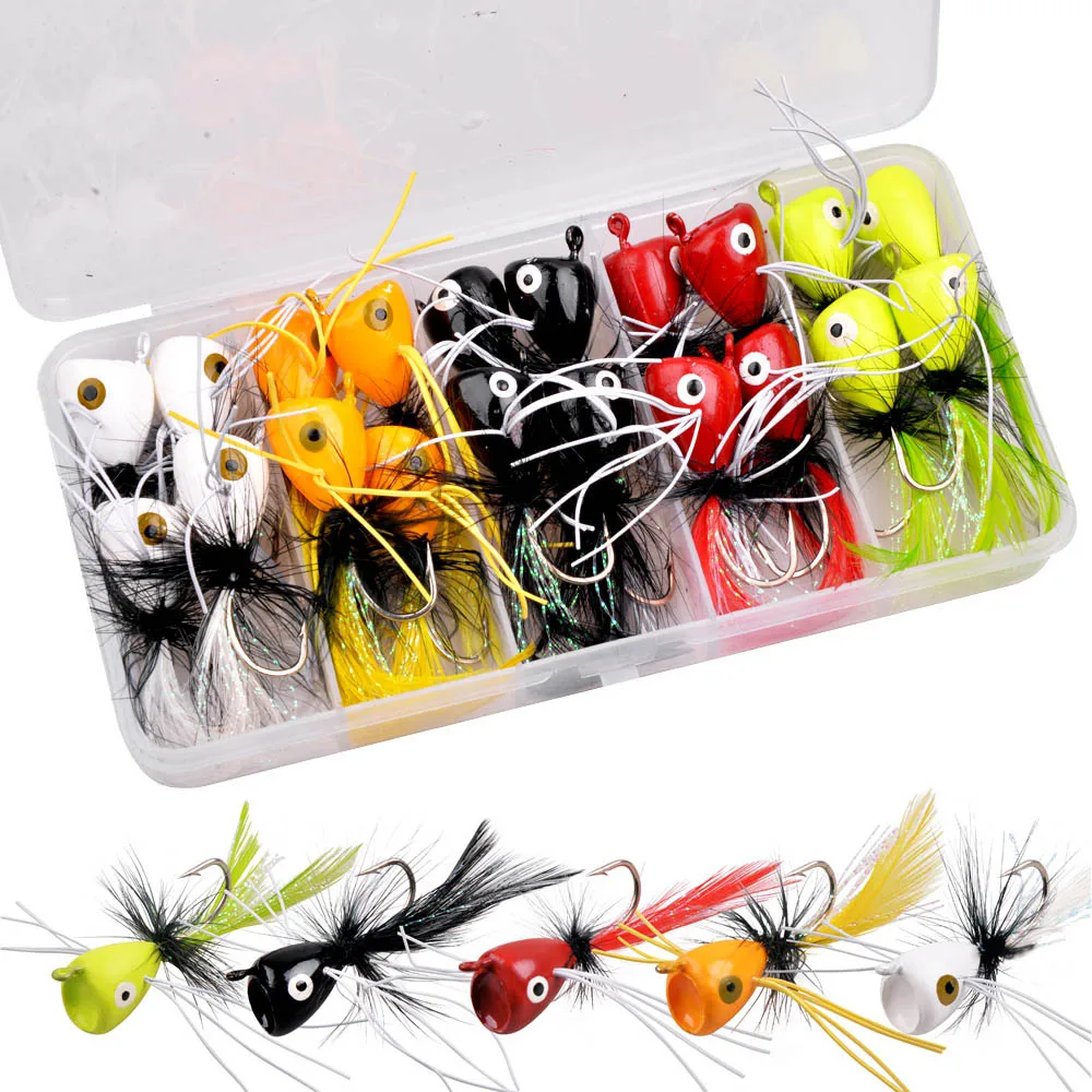 20Pcs Galleggiante Fly Jig Fishing Bait Kit Casting Foam Flying Popper Jigs Ganci Testa Per Bass Walleye Trolling Jigging Lure Tackle