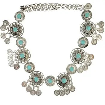 

Afghan Belly Waist Chains Women Coin Tassel Bib Statement Dance Belt Chain Hippie Blue Stone Beach Summer Body Jewelry
