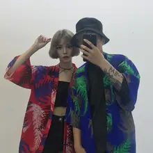 Пара для женщин мужчин Harajuku свободные кимоно хаори японский стиль тонкий журавль принт самурая повседневное летнее пальто уличная одежда