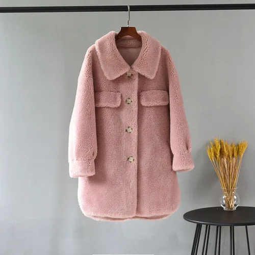 pink Пальто из натурального меха, Женская шерстяная куртка, осенне-зимнее пальто, одежда, овчина, мех, верхняя одежда, пальто, замшевая подкладка, Manteau Femme L9810 - Цвет: pink