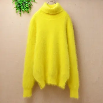 

ladies women light yellow fashion slim mink cashmere long sleeves pullover angora rabbit fur knitted inside winter slim jumper