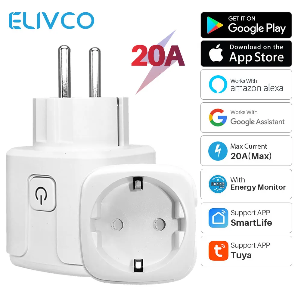 20a Eu Tuya Smart Socket Smart Home Timer Wifi Plug Power Monitor Smart