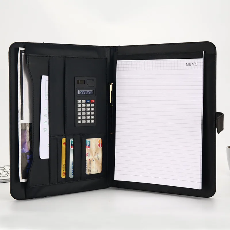 A4 가죽 Padfolio 다기능 포트폴리오 바인더 명함 홀더 바인더 문서 정리, 계산기 메모장 포함