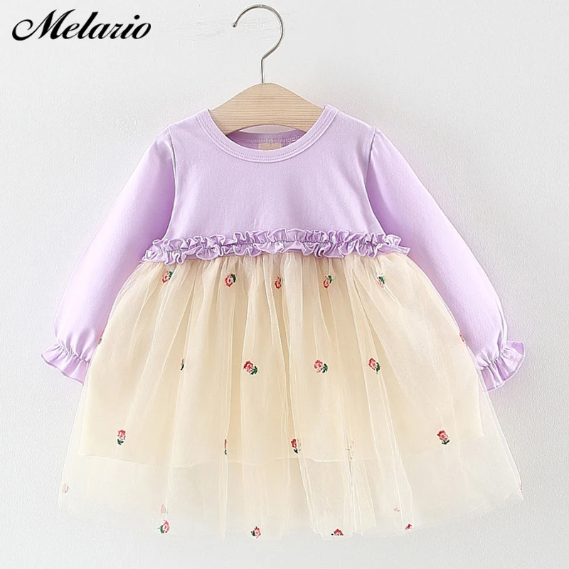 Melario/весеннее платье для девочек; платья в горошек с длинными рукавами для девочек; Сетчатое Повседневное платье принцессы; одежда для малышей; Одежда для новорожденных детей