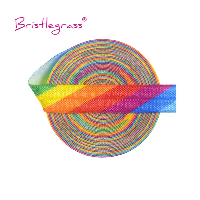 

BRISTLEGRASS Wholesale 50 Yard 5/8" 15mm Rainbow Print FOE Fold Over Elastics Spandex Satin Band Hair Tie Tutu Dress Sewing Trim