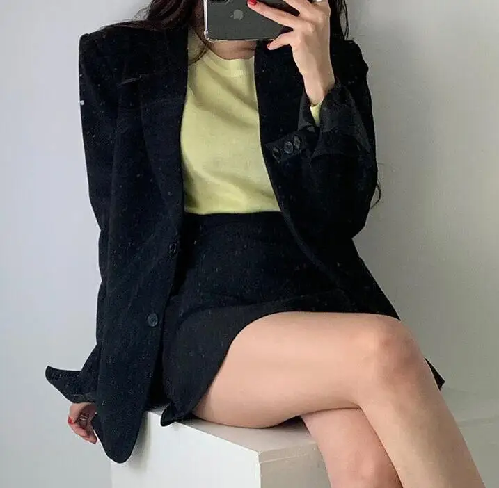 black set Комплект из 2 предметов,, Женский блейзер, однотонный однобортный Блейзер, женский пиджак+ мини трапециевидный корейский осенний костюм с юбкой, верхняя одежда - Цвет: black set