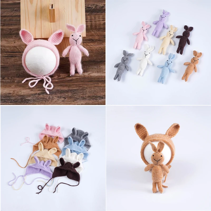 

❤️CYMMHCM Newborn Photography Props Cute Knit Crochet Rabbit Hat+Doll 2Pcs/set Studio Baby Photo Shoot Costume Accessories