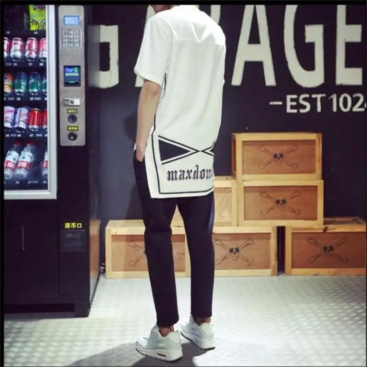 

Large Size Korean-style Summer Long Short Sleeve Men's Cartoon Wealthy Front Short Long Back Men's Long T-shirt Slit Bifurcation