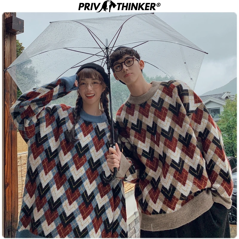 Privathinker Couple Plaid Jacquard Fashion Sweaters Men Woman O-Neck Autumn Winter Clothes Pullovers Female Thicken Warm Sweater
