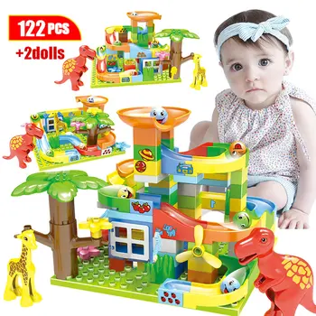 

74-227Pcs Jurassic Dinosaur Diy Maze Balls Building Blocks Duploed Marble Track Slide Big Size Bricks Toys for Kids