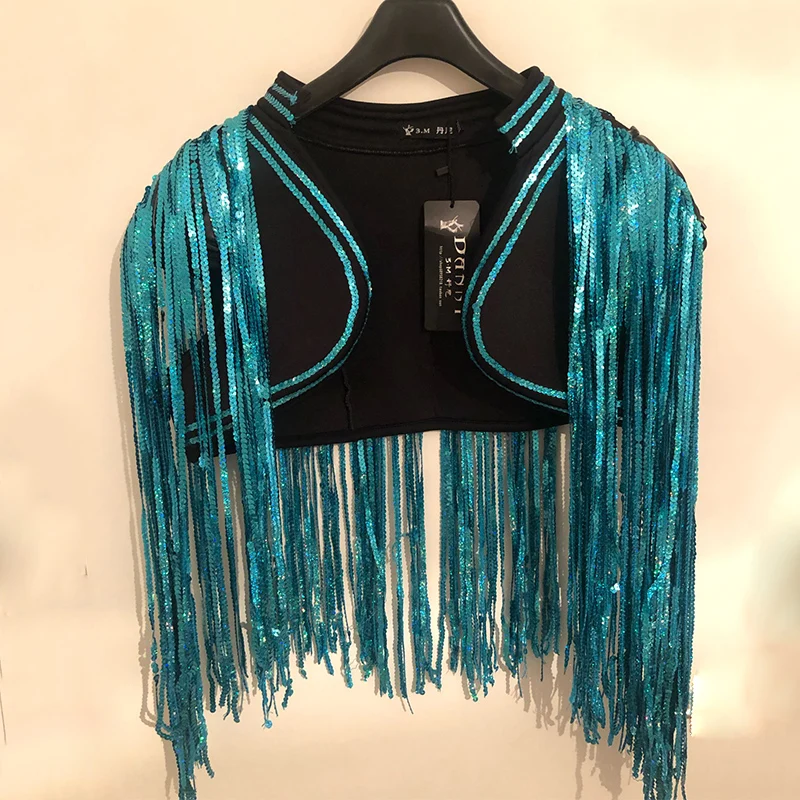 Beyonce Bar Singer DS Costume Men\'S Flash Drill Super Long Fringe Tassel Vest Jacket Men Rave Clothes Jazz Sequin Tops DNV10064