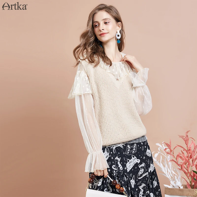 

ARTKA 2019 Autumn New Women Sweater Elegant Shirt Sweater Two-piece Suit Wool Mohair Sweater Vest Ruffled Lace Shirt YB10999Q
