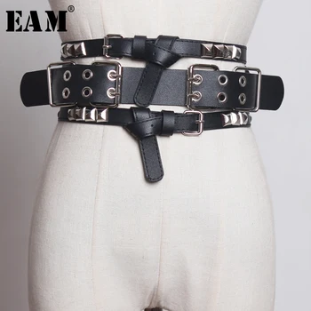 

[EAM] Pu Leather Black Double Buckle Stitch Wide Belt Personality Women New Fashion Tide All-match Spring Autumn 2020 JS622