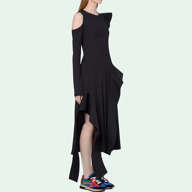 TWOTWINSTYLE осенние асимметричные платья для женщин воротник с лацканами пышные рукава Высокая талия бандаж мини женское платье Мода