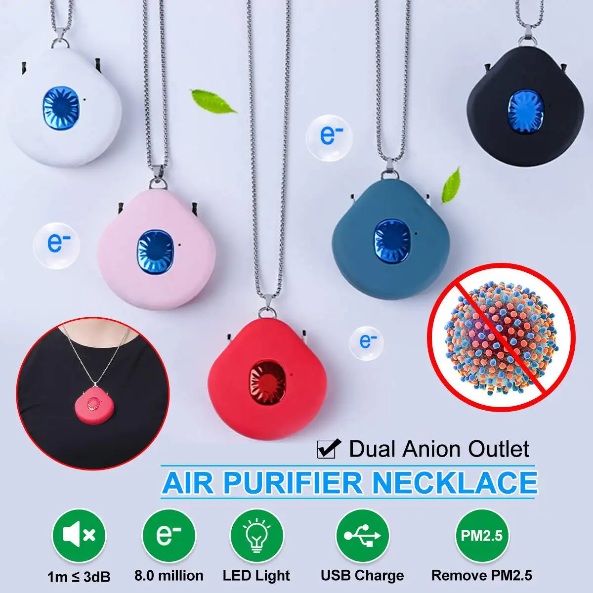 Dual Anion Outlet Wearable Air Purifier Necklace Mini Portable USB Air