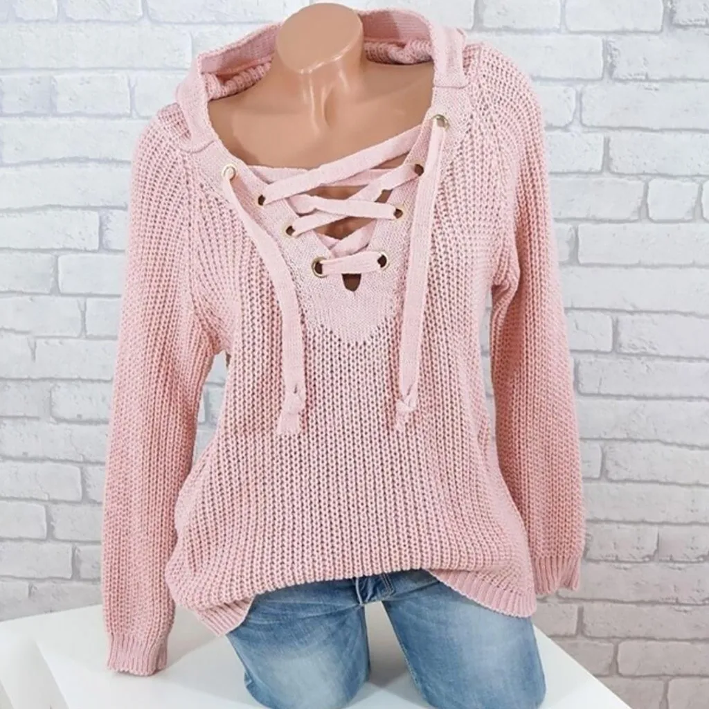 Pink Feitong вязаные свитеры женские модные осенне-зимние пуловер с капюшоном и длинными рукавами на шнуровке вязанные свитера Топы женские свитера - Цвет: Pink