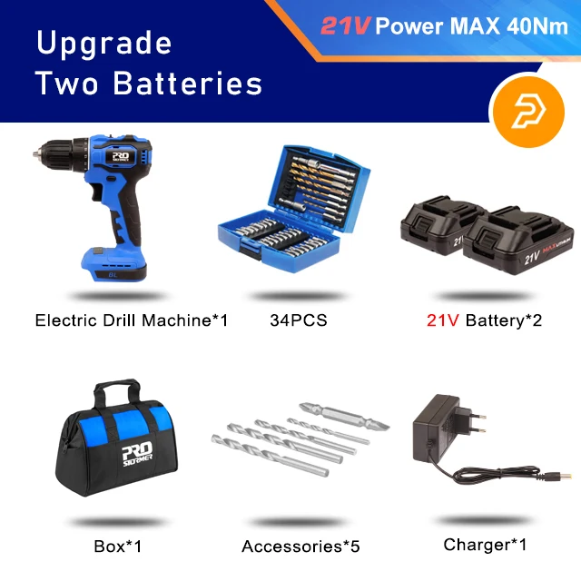20V/21V Brushless Electric Drill 40NM/45NM Cordless Screwdriver Li-ion Battery Mini Electric Power Drill 5pcs Bit By PROSTORMER PTET00302A 149 280