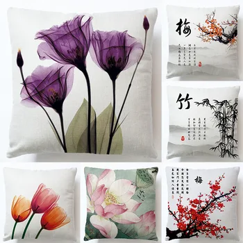 

Digital Printed Linen Pillowcase Fresh Flowers Cartoon Fresh Leaves Lotus Leaf Pillow Sofa Cushion Cover Couch Pillow Covers