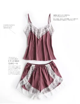 

Satin Silk Sleepwear Sexy Lace Pajama Set V-Neck Pyjamas Sleeveless Cute Cami Top and Shorts Sexy Lingerie Homewear Solid Color