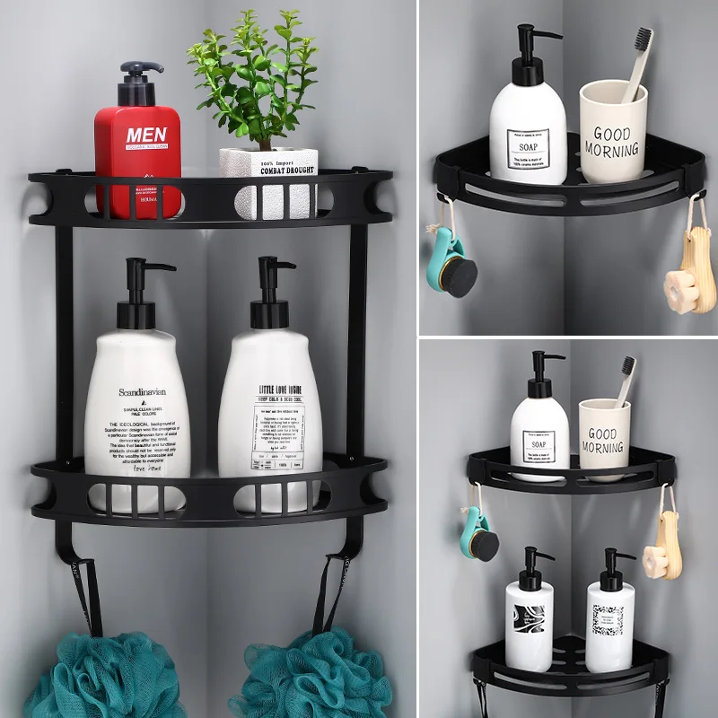 Tuqiu Bathroom Shelf With Hooks Bath Shower Shelf Aluminum Black