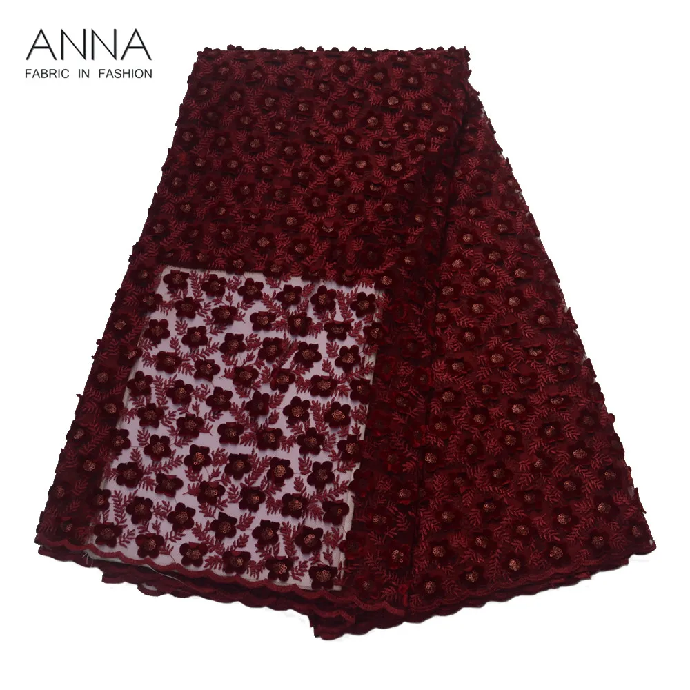 

Anna New 3D Appliqued African Voile Embroidery Lace Fabric With Sequins 5 Yards French Tulle Lace High Quality For Women Dress