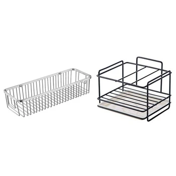 

30cm Wall Mounted Single Tier Shelf Shampoo Shelves Basket with Double Layer Sponge Holder Kitchen Sink Organizer