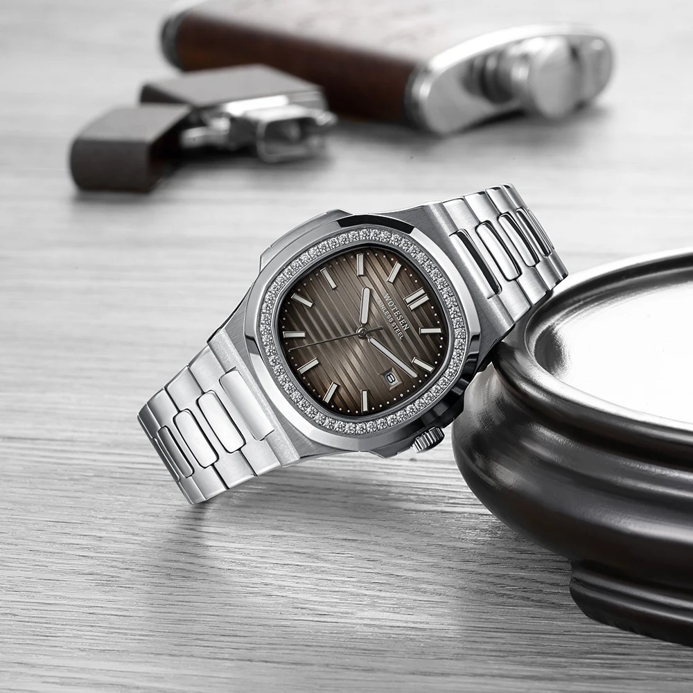 WOTESEN Top Mens Diamond Watches Quartz Brand Luxury Watches Men Quartz Steel Army Military Watches Male Business Wristwatch