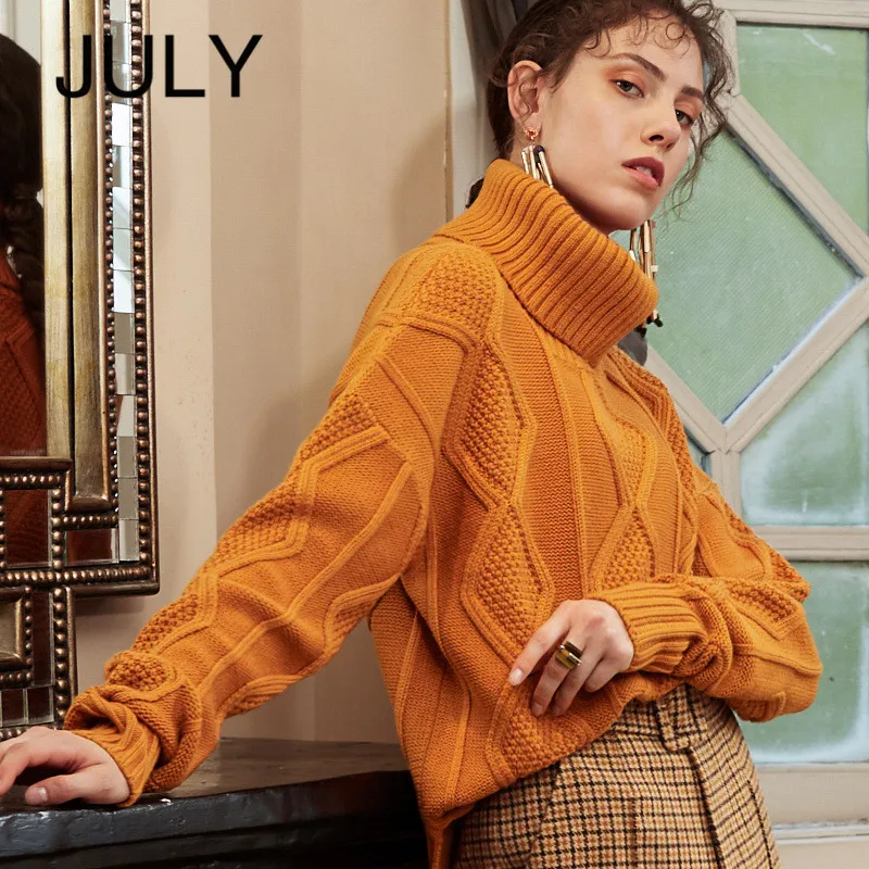 

JULY Women cashmere warm sweater Retro Twisted Knitted Sweaters Casual turtleneck sweater Loose Long Sleeve Sweater Solid Color