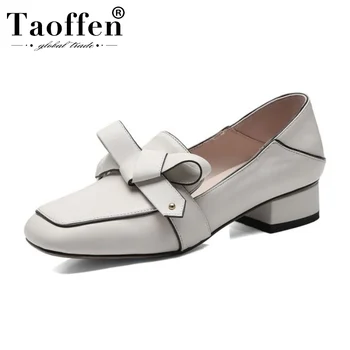 

Taoffen Retro Real Leather Women Pumps Bowtie Office Ladies Shallow Spring Shoes Woman Patchwork Hot Sale Pumps Size 34-39