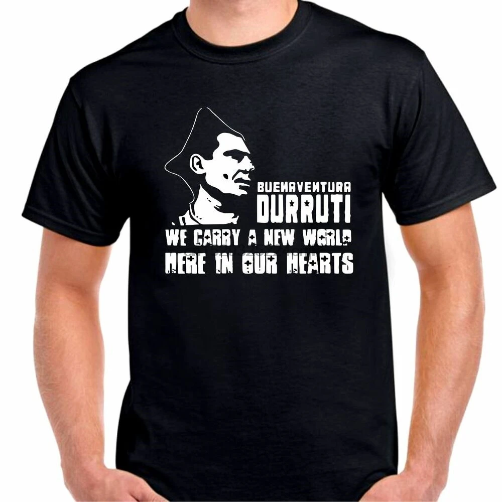 Футболка с надписью Buenaventura durruti carry a new world in our hearts peace love care |