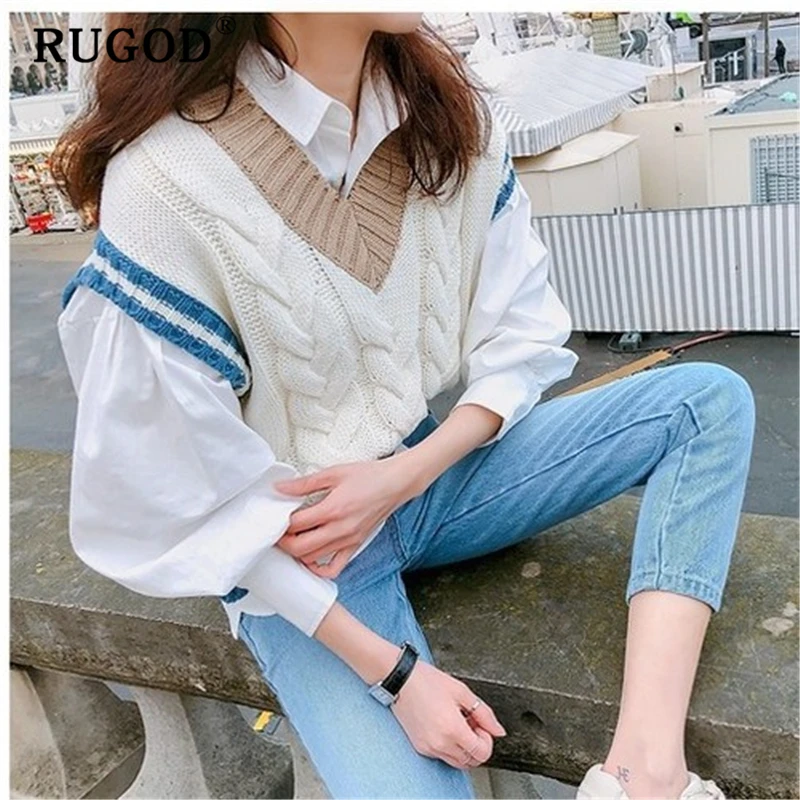 RUGOD Повседневный лоскутный свитер auturm, жилет для женщин, корейский шик, v-образный вырез, без рукавов, пуловер, свитера, модная витая Студенческая одежда