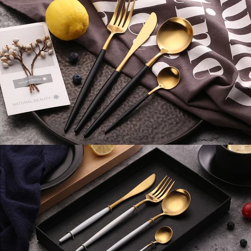 4 шт. набор посуды из нержавеющей стали Черное золото нож вилка ложка Столовый