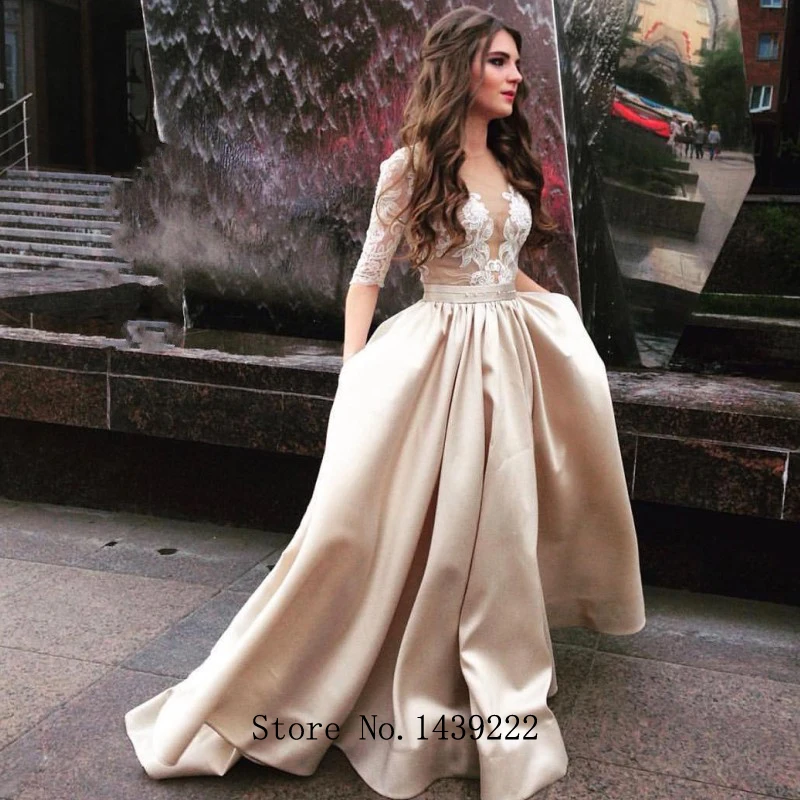 

NEW legant Champagne Satin Evening Dresses Prom Half Sleeves Appliques Vestidos De Fiesta De Noche Robe De Soiree Plus Size