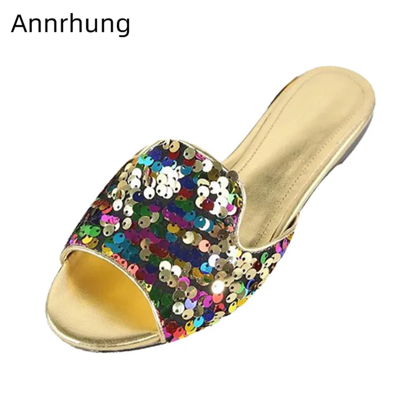 

Bling Mixed Color Sequin Flat Slippers Women Concise Open Toe Slingbacks Summer Shoes Cozy Flat Footwear Slides Glitter Slippers