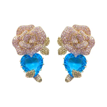 

Three-dimensional Rose Flower Earrings For Ladies Micro Pave Cubic Zirconia Flowers Heart Stud Earings Brand Design Jewelry