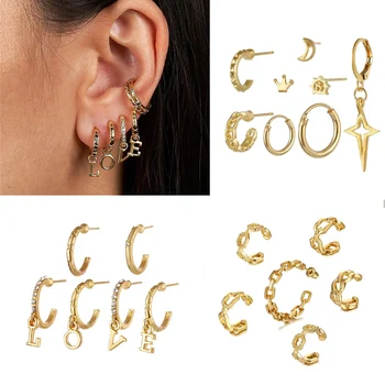 

Boho Multi-Element Gold Crystal Set Earring For Women Moon Star Pendant Piercing Geometric Stud Earrings Fashion Jewelry 2020