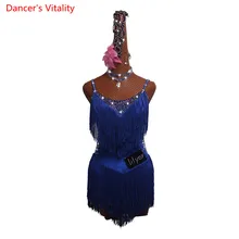 Индивидуальный заказ Латинской для танцев, соревнований, выступлений, костюм без рукавов с драгоценными камнями, бахрома; Цвет Синий с высоким разрезом юбка латиноамериканское танцевальное платье