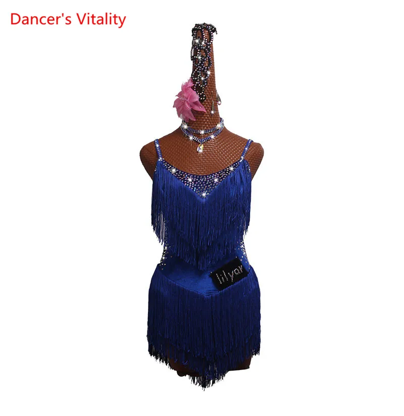 

Custom Made Latin Dance Competition Performance Suit Sleeveless Gemstone blue fringed high slit skirt Dance Latin Dress