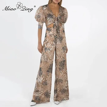 

MIAOQING Casual Print Two Piece Set Women V Neck Short Sleeve Top High Waist Full Length Pant Fashion Suits Female Clothing