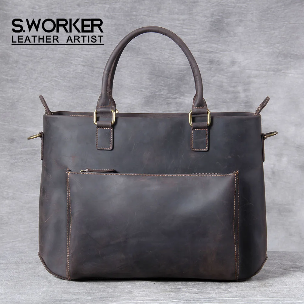 S.WORKER Винтажный Мужской портфель из натуральной кожи сумка на плечо для ноутбука