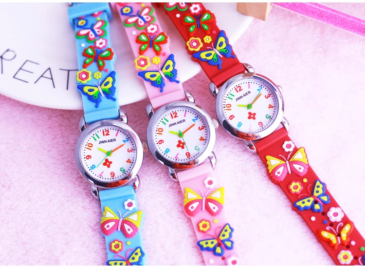 Новые стильные детские часы с милыми цветами и бабочкой, силиконовый кварцевый ремешок, красивые часы для девочек, разноцветные цифровые